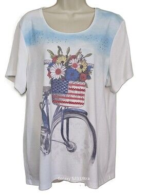 Women's 2X Patriotic Top Karen Scott Woman Short Sleeves Graphic Print